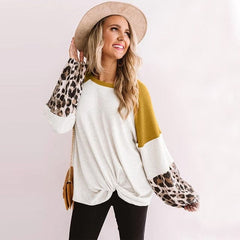 Leopard Patchwork Sweatshirt Woman Casual Loose Long Sleeve O Neck Aesthetic Streetwear Fashion Autumn Pullover Elegant Clothes