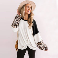 Leopard Patchwork Sweatshirt Woman Casual Loose Long Sleeve O Neck Aesthetic Streetwear Fashion Autumn Pullover Elegant Clothes