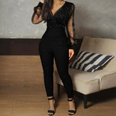 Jumpsuit Black Elegant Sequins Glitter Party Night Bodysuits Deep V Neck Mesh Long Sleeve Jumpsuit One Piece Overall