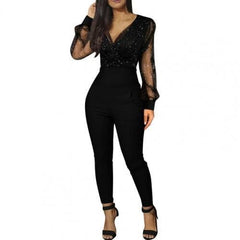 Jumpsuit Black Elegant Sequins Glitter Party Night Bodysuits Deep V Neck Mesh Long Sleeve Jumpsuit One Piece Overall