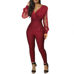 Jumpsuit Black Elegant Sequins Glitter Party Night Bodysuits Deep V Neck Mesh Long Sleeve Jumpsuit One Piece Overall