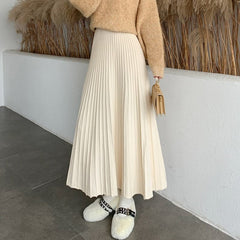 Elegant Solid Rib Knitted Large Swing Maxi Long Skirts