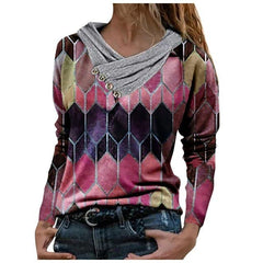 Vintage Geometric Hooded Blouse Spring Autumn Long Sleeve Tops Pullover Casual Loose Shirts