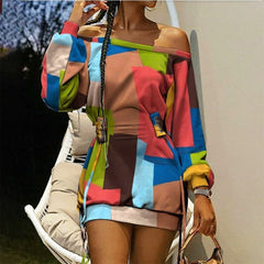 Dress Abstract Print Off Shoulder Lace Up Eyelet Casual Dress Long Sleeve Bodycon Mini Dresses Streetwear Dress