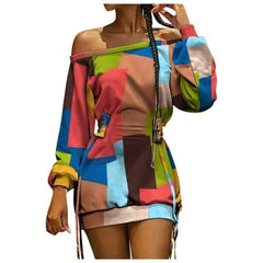 Dress Abstract Print Off Shoulder Lace Up Eyelet Casual Dress Long Sleeve Bodycon Mini Dresses Streetwear Dress