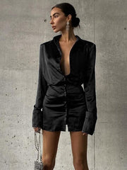 Silk Shirt V Neck Elegant Mini Dress