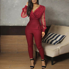 Fashion V neck Sequined Mesh Jumpsuits Long Sleeve Pocket Long Bodysuits Solid Color Casual Playsuits For Female