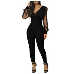 Fashion V neck Sequined Mesh Jumpsuits Long Sleeve Pocket Long Bodysuits Solid Color Casual Playsuits For Female
