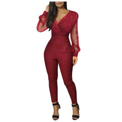 Fashion V neck Sequined Mesh Jumpsuits Long Sleeve Pocket Long Bodysuits Solid Color Casual Playsuits For Female