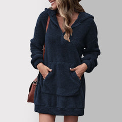 Long Sleeve Plush Hooded Warm Fluffy Pullover Sweatshirt Dress