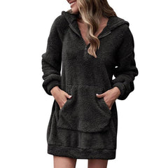 Long Sleeve Plush Hooded Warm Fluffy Pullover Sweatshirt Dress