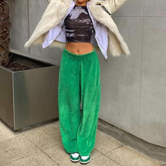 Solid Velvet Wide Leg Pants High Waist Green Harem Trousers Female Fashion Casual Autumn Ladies Clothes Loose Sport Wear
