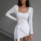 Dress Autumn Winter Dress Long Sleeve Tie Up Bandage Patchwork Mini Dress Bodycon SlimStreetwear Female Clothing