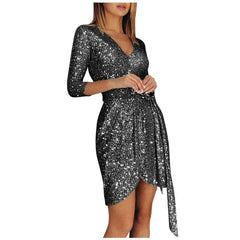 Ladies Elegant Party Dress Fashion Long sleeved Sequined V neck 34 Sleeve Lace up Mini Dress Dress