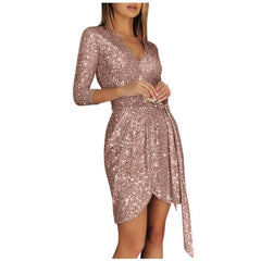 Ladies Elegant Party Dress Fashion Long sleeved Sequined V neck 34 Sleeve Lace up Mini Dress Dress