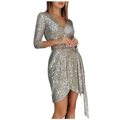 Ladies Elegant Party Dress Fashion Long sleeved Sequined V neck 34 Sleeve Lace up Mini Dress Dress