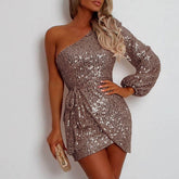 One Shoulder Sequins Mini Dress Glitter Womens Party Robe Clubwear Irregular Lace Up Evening Gown Elegant Ladies Dresses