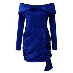Velvet New Year Party Dress High Waist Draped Bodycon Dress Pure Color Off Shoulder Mini Dress