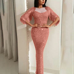 Ladies V neck long sleeved tassel dinner dress bag hip dress dress long dresses evening