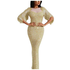 Ladies V neck long sleeved tassel dinner dress bag hip dress dress long dresses evening