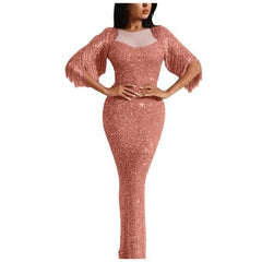 Ladies V neck long sleeved tassel dinner dress bag hip dress dress long dresses evening