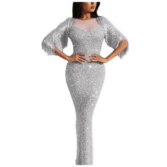 Ladies V neck long sleeved tassel dinner dress bag hip dress dress long dresses evening