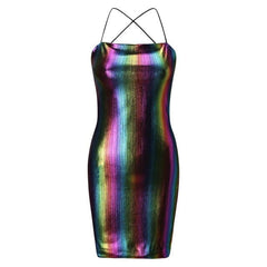 Reflective Holographic Dress Summer Spaghetti Strap Halter Neck Mini Bodycon Dress Metallic Club Dress Outfits