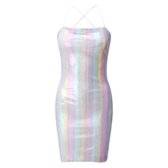 Reflective Holographic Dress Summer Spaghetti Strap Halter Neck Mini Bodycon Dress Metallic Club Dress Outfits