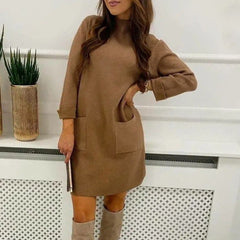 Autumn Winter Oversize Loose Pocket Round Neck Boutique De Velvet Long Sleeve Dress Female Warm Straight Dress