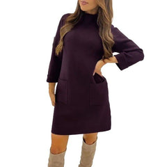 Autumn Winter Oversize Loose Pocket Round Neck Boutique De Velvet Long Sleeve Dress Female Warm Straight Dress