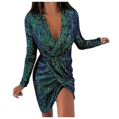 New Solid Color V neck Mesh Stitching Hem Slit Dress