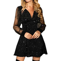 Fashion Long Sleeve Mesh V neck Dresses