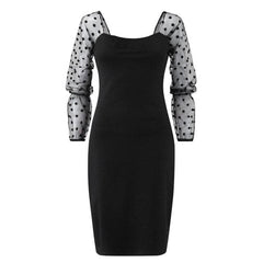 Polka Dot Mesh Long Sleeve Party Dress Square Collar High Waist Ladies Bodycon Dress New Year