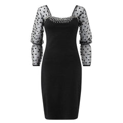 Polka Dot Mesh Long Sleeve Party Dress Square Collar High Waist Ladies Bodycon Dress New Year