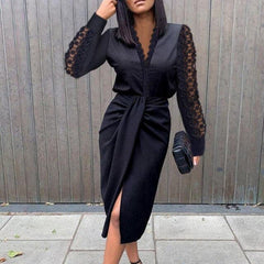 Lace Long Sleeve Elegant Dress Fashion Hight Split Party Wrap Dress V Neck Female