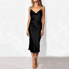 Women's Solid Color Simulation Silk Slim Dress Banquet Halter A Line Mini Dress Wrap Sundress Robe