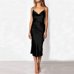 Women's Solid Color Simulation Silk Slim Dress Banquet Halter A Line Mini Dress Wrap Sundress Robe