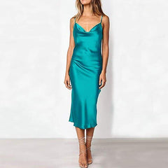 Women's Solid Color Simulation Silk Slim Dress Banquet Halter A Line Mini Dress Wrap Sundress Robe