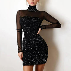Turtleneck Bodycon Shiny Party Dress Fashion Mesh Patchwork Long Sleeve Mini Dress Elegant Dinner Party Banquet Dress