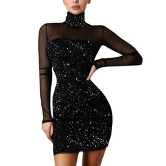 Turtleneck Bodycon Shiny Party Dress Fashion Mesh Patchwork Long Sleeve Mini Dress Elegant Dinner Party Banquet Dress