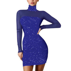 Turtleneck Bodycon Shiny Party Dress Fashion Mesh Patchwork Long Sleeve Mini Dress Elegant Dinner Party Banquet Dress
