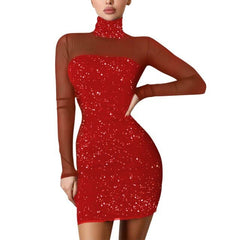 Turtleneck Bodycon Shiny Party Dress Fashion Mesh Patchwork Long Sleeve Mini Dress Elegant Dinner Party Banquet Dress