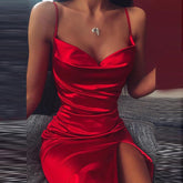 Spaghetti Strap Mini Satin Dress Classic Solid red black Backless Split Bodycon Dress Pleated Stretch Short Club Dres
