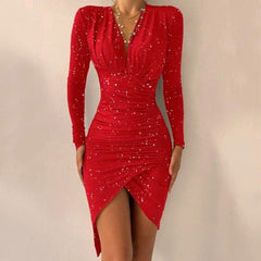 Red Dress Sequins Autumn Dress Female Retro Elegant Party Mini Dresses Casual Elegant Dresses vestidos