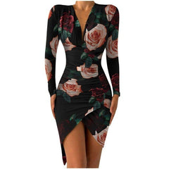 Flower Print Bodycon Dress Deep V neck Sheath Long Sleeve Irregular Hem Party Banquet Dress Slim Bag Hip Dresses