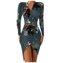 Flower Print Bodycon Dress Deep V neck Sheath Long Sleeve Irregular Hem Party Banquet Dress Slim Bag Hip Dresses