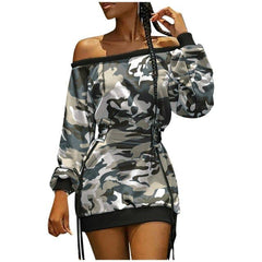 Fashion Camouflage Print Dress Abstract Print Off Shoulder Lace up Eyelet Casual Dress Spring And Autumn Wear Dresses