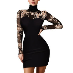 Fashion Glitter Split Hems Contrast Mesh DressTurtleneck Long Sleeve Female Dresses Party Culb Dress