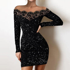 Fashion Glitter Perspective Evening Party Dresses Elegant Streetwear Flower Lace Neck Long Sleeve Mini Dress Robe