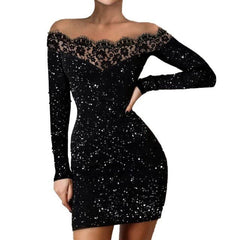 Fashion Glitter Perspective Evening Party Dresses Elegant Streetwear Flower Lace Neck Long Sleeve Mini Dress Robe